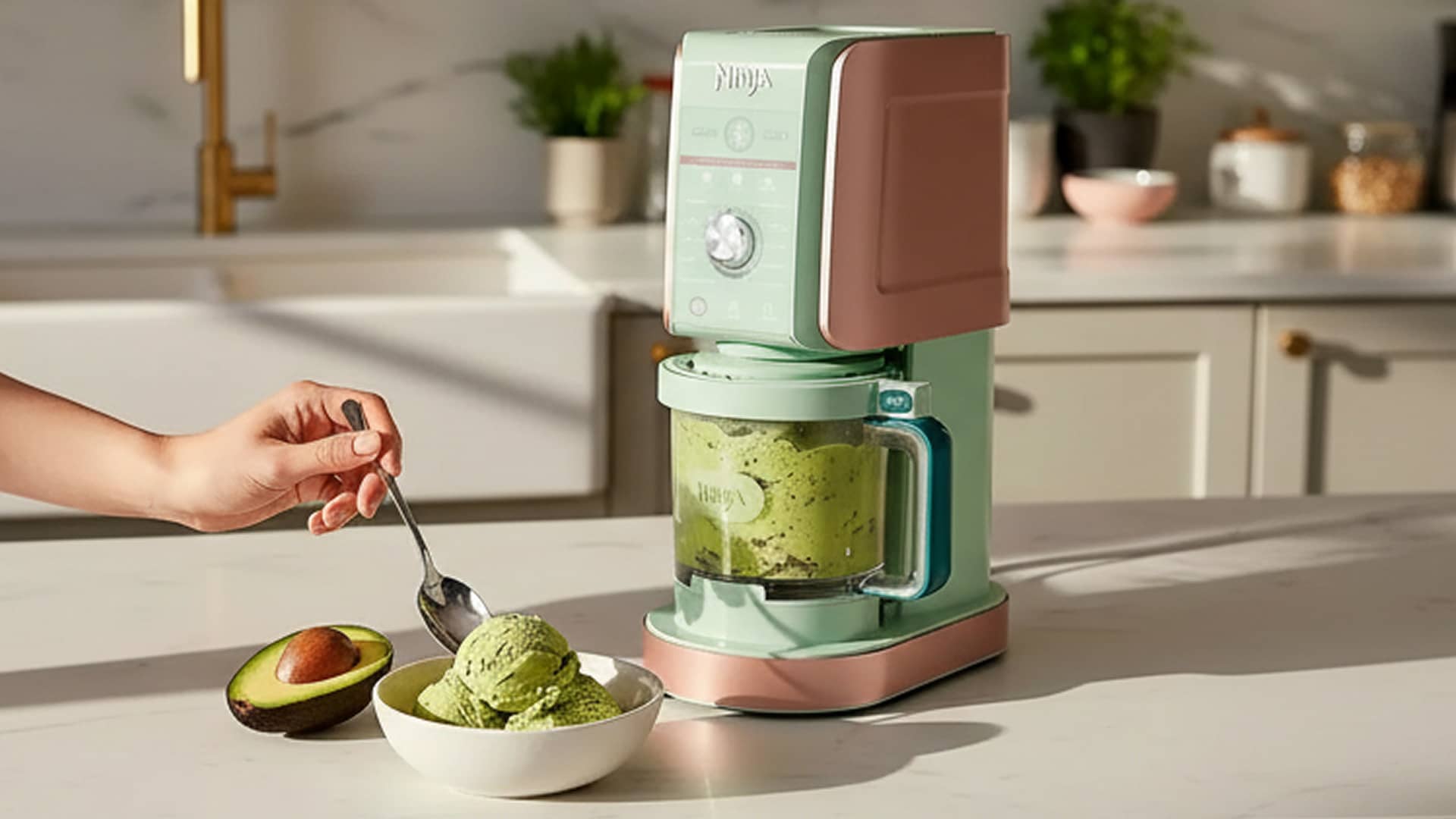 A Ninja Creami machine serving avocado ice cream into a bowl on a kitchen counter.
