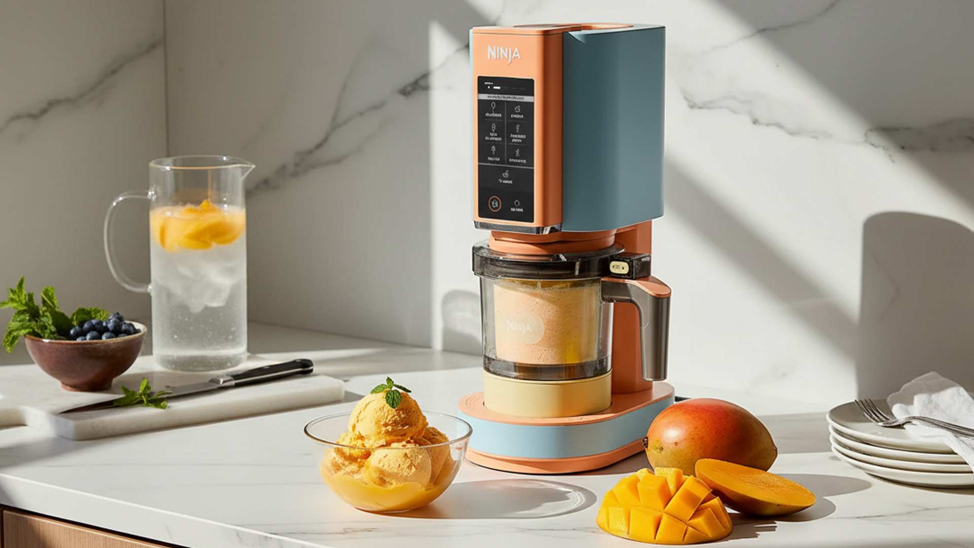 A Ninja Creami machine making mango ice cream on a kitchen counter, with fresh mangoes and a bowl of scoops nearby.