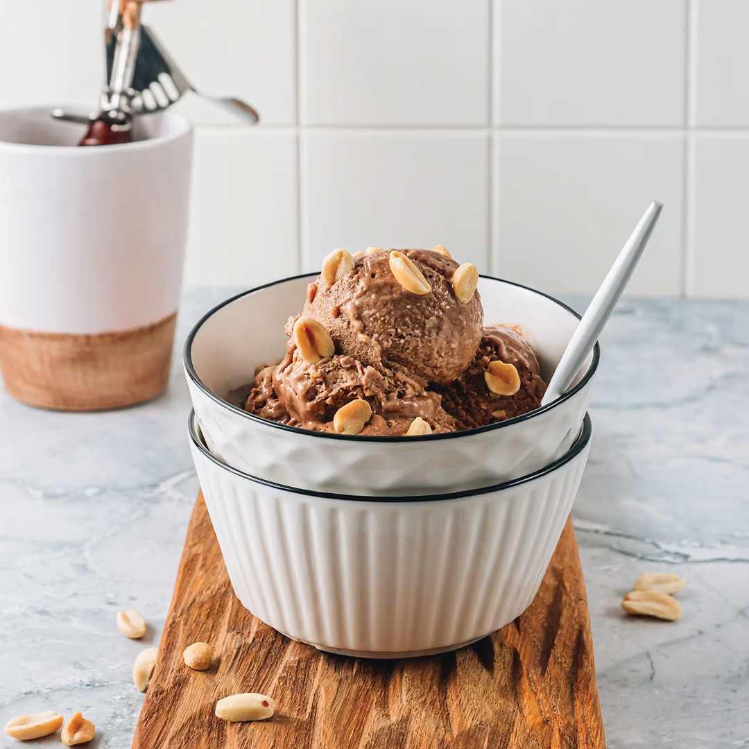 Bowl of Chocolate Peanut Butter Protein Ice Cream